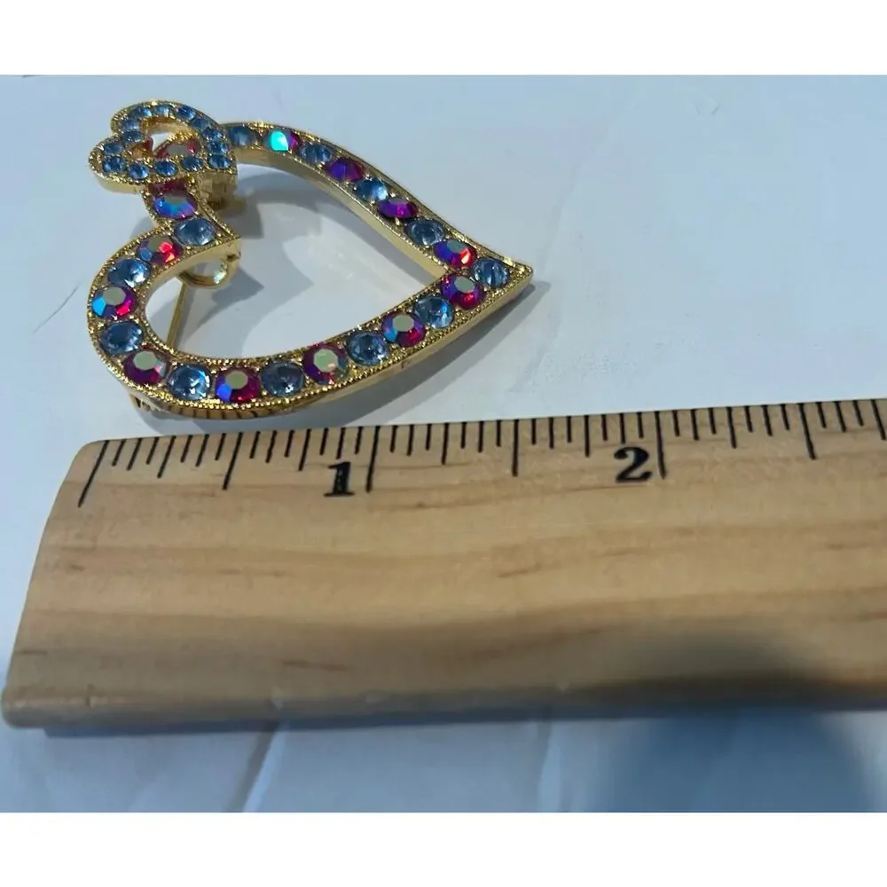 NWOT Vintage Multicolor Rhinestone Intertwined‎ Open Hearts Brooch Pin